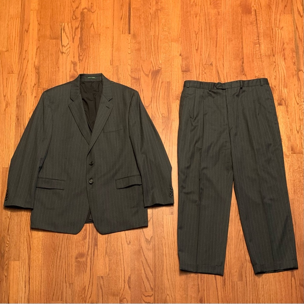 Lauren Ralph Lauren Charcoal Gray White Pinstriped Wool 2 Piece Pants Suit
